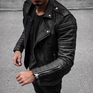 Blouson moto homme en cuir PU, coupe ajustée, col rabattable, fermeture éclair, coupe-vent, style motard, pour l'automne - Product Image 2
