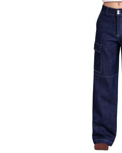 Jean cargo en denim bleu indigo personnalisé, taille haute, coupe large, avec poches à rabat, style streetwear, pantalon décontracté ample pour femme, sur mesure - Product Image 4