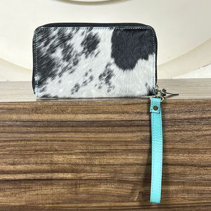 กระเป๋าคลัทช์หนังวัวแท้สีเทอร์ควอยซ์ลายดอกเชอร์รี่แบบใหม่สำหรับผู้หญิง พร้อมช่องใส่บัตรและเงินสด สายคล้องมือ กระเป๋าสตางค์ใบยาว - Product Image 5