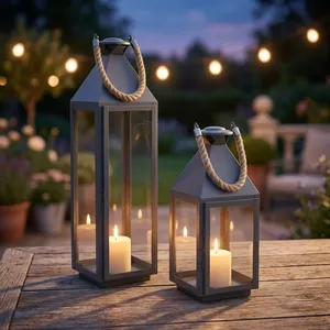 Farol Moderno de Metal y Vidrio con Asas de Cuerda, Elegantes Portavelas para Decoración de Jardín, Patio y Hogar - Product Image 3