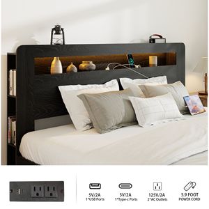 Letto Matrimoniale in Legno con Testiera Illuminata a LED e 2 Porte USB, Silenzioso, Senza Necessità di Rete a Doghe, con Vano Contenitore Integrato - Product Image 4