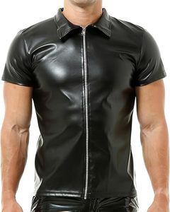 High Quality Men's Black PU Leather Short Sleeve Zip Shirt Jacket Slim Fit Casual Streetwear Fashion Top Ready to Ship Wholesale - Product Image 3