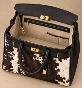Women's Brown Genuine Leather <b>Handbag</b> Cow Hair Pattern <b>Gold</b> Lock Closure Two Handles Classic Flap Design Large Eco Friendly - Product Image 2