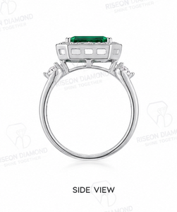Elegant halo <b>ring</b> in 18K white gold with emerald cut green diamond micro pave halo and side diamonds luxury bridal couture desig - Product Image 3