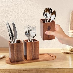 Wooden Cutlery Holder 3 Compartment Spoon Fork Knife Flatware Storage Caddy Stand <b>Dining</b> <b>Table</b> Counter Organizer Artwork Unit HD - Product Image 6