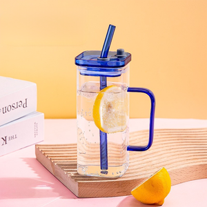 Bán buôn 400ml 13.53oz vuông cao Borosilicate Glass cup uống Glass cup với nắp Tre và màu xử lý rơm cốc thủy tinh - Product Image 5