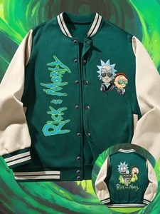 Rick And Morty Varsity <b>Jacket</b> <b>Men</b> Green Beige Sleeve Printed Character Design High Quality Casual College Style Streetwear OEM - Product Image 1