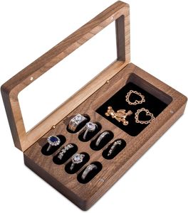 Caja de Anillos de Madera de Nogal Sólido de Lujo con Ventana de Vidrio - Estuche para Anillos, Bandeja para Joyas, Organizador de Joyas para Anillos - Product Image 5