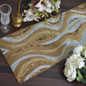 Rectangular Beaded <b>Table</b> Runner Fabric Mats Glam Handmade Gold Silver Wave Design - Product Image 6