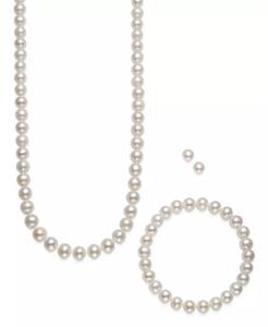 Set di perle d'acqua dolce coltivate 3 pezzi, collana, orecchini e bracciale in oro 14k | Macacy's - Product Image 2
