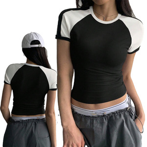 Contrast Raglan Sleeve Fitted Crop Tee Women Slim <b>Stretch</b> 100% Cotton Casual Streetwear Tank Top Custom Logo women's shirt - Product Image 1