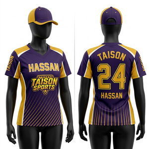 เสื้อสนุกเกอร์ผู้หญิง ผ้าโพลีเอสเตอร์พรีเมียม ระบายอากาศได้ดี สีม่วงทอง ตัดต่อผ้าพิมพ์ลายแบบซับลิเมชั่น โลโก้สั่งทำได้ ทรงสวมใส่สบาย - Product Image 1