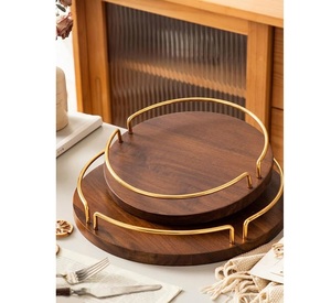 <b>Light</b> Luxury Round Wooden Serving Tray With Gold Metal Handles Handcrafted Acacia Wood Ottoman Tray For Home Coffee Shop Tray - Product Image 1