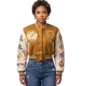Chaqueta Varsity Corta Personalizada al por Mayor para Mujer, de Cuero Genuino y Lana, con Bordado, Estilo Universitario, Moda Urbana - Product Image 5