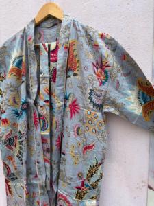 Green 100% Cotton Indian Beach Kimono Robe, Kimono Robe, Cotton Robe, Shower Robe, Maternity Robe, <b>Bath</b> Robe, Dressing Gown, Bea - Product Image 3