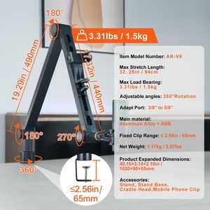 Adattatore Regolabile per Asta Microfonica da 3/8'' e 5/8'', Braccio Microfonico Girevole a 360°, Supporto da Tavolo per Telefono per Registrazione - Product Image 3