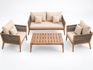 4 Piece Outdoor <b>Patio</b> Furniture <b>Set</b> <b>Wood</b> Frame Sofa Chairs Coffee Table Beige Cushions Midcentury Modern - Product Image 1
