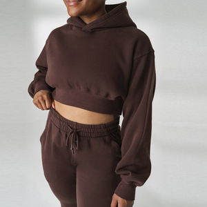 Women's Fleece Cropped Pullover Hoodie Peach <b>Pink</b> Front Pocket Matching Sweatpants <b>Tracksuit</b> Set - Product Image 5