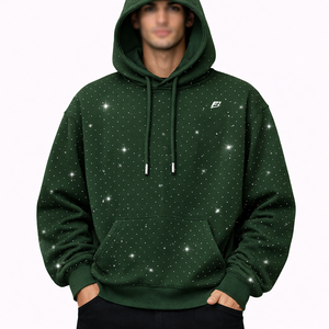 Custom Rhinestone Men’s Hoodies 400GSM Cotton Fleece Oversized Pullover Streetwear Drawstring Front Pocket Design Autumn Wear - Product Image 1