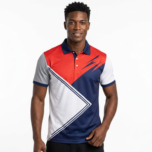 Polo à manches courtes pour homme, imprimé géométrique, rouge, bleu, blanc, couleurs contrastées, séchage rapide, tricoté en polyester, sportif, coupe classique - Product Image 4