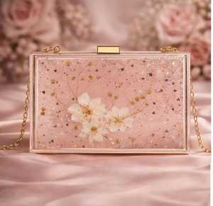 <b>Pink</b> Floral Resin Clutch | Handmade Dried Flower <b>Purse</b> with Gold Chain - Product Image 2
