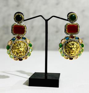 Luxury Sabyasachi Inspired Multicolor Lion Head <b>Cat</b> Eye Stone & Crystal Drop <b>Earrings</b> Gold Plated Statement Bridal Wedding Party - Product Image 1