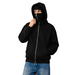 Custom <b>Men's</b> Double Balaclava Hoodie Polyester Cotton Full Zip Streetwear Jacket Casual Style With Attached <b>Face</b> Cover And Cuffs - Product Image 1