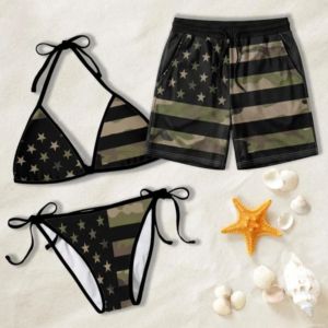 Dry Camo Print Beachwear Summer Mesh Swim Trunks for <b>Men</b> and Tie-Side <b>Bikini</b> for Women - Product Image 1