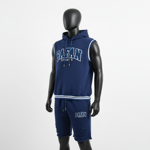 Ensemble short et sweat à capuche sans manches pour homme 100% coton, molleton de coton premium, bleu marine, broderie appliquée, logo personnalisé - Product Image 4