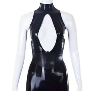 Sexy <b>Black</b> PU Bodycon <b>Dress</b> With High Slit Sweetheart Neck Sleeveless Floor-Length Fitted Party Wear - Product Image 3