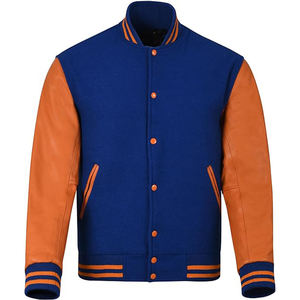 Men's Blue Wool Varsity <b>Jacket</b> With Orange <b>Leather</b> Sleeves Stand Collar Preppy Style Autumn Wear - Product Image 1