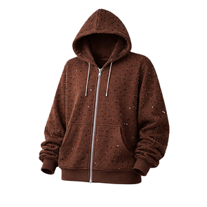 เสื้อฮู้ดซิปสีน้ำตาลแบบยูนิเซ็กซ์ ประดับคริสตัล ผ้าฟลีซสั่งทำพิเศษ ผ้าฝ้าย 100% ทรงโอเวอร์ไซส์ สไตล์ลำลอง สตรีทแวร์ มีกระเป๋าหน้า - Product Image 2