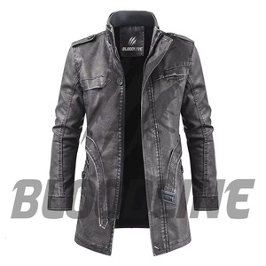 BLOODLINE Men's PU Leather <b>Jacket</b> Stand Collar Zipper Closure <b>Slim</b> <b>Fit</b> Long Length Casual Autumn Wear - Product Image 3