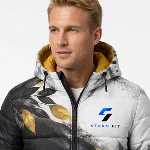Chaqueta Acolchada con Capucha para Hombre, Estampado Floral, Cortavientos, Invierno, Casual, Cierre de Cremallera, 100% Poliéster, Corte Regular - Product Image 4