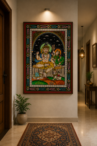 Peinture Pattachitra artisanale représentant Shiva assis sur Parvati sur bois pour décoration murale intérieure dans le salon - Product Image 3