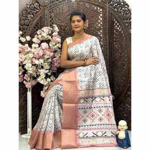 FANCY DOLA SILK IMPRESSION NUMÉRIQUE AVEC KANJIVARAM BORDER WORK SAREE AVEC BOLUSE NON COUDU BLANC - Product Image 1