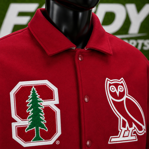Custom Men Streetwear <b>Red</b> <b>Wool</b> Varsity Jacket Patchwork Embroidery Unisex Oversized Vintage Letterman Bomber Jacket Wholesales - Product Image 4