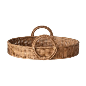 Handmade Round Rattan Serving <b>Tray</b> Eco-Friendly Handwoven Wicker Food Bread <b>Basket</b> With Wooden Handles For Coffee Table Decor - Product Image 2