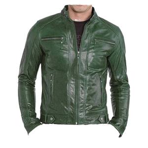 เสื้อแจ็คเก็ตหนังผู้ชายขายดี สีพื้น คอตั้ง พร้อมโลโก้ด้านหน้า - Product Image 1