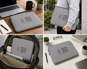 Simple Gray Canvas Cotton Laptop Sleeve with Create Inspire <b>Repeat</b> Print Zipper Closure Protective Cover for Laptops - Product Image 3