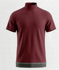 T-shirt à col roulé à manches courtes pour homme, couleur bordeaux, coupe classique, couleur unie, bordure contrastée, style décontracté - Product Image 1