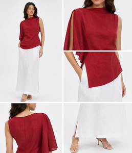 ชุดเสื้อเบอร์กันดีทรงเอ-สแตรท และกระโปรงยาวสีขาวผ้าฝ้าย 100% |   ชุดลำลองสองชิ้นสำหรับฤดูร้อน - Product Image 2