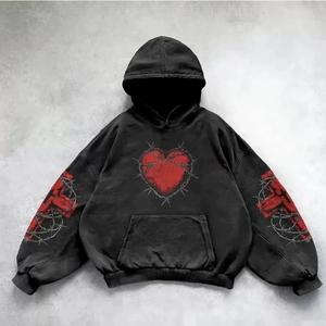Sweat à capuche noir gothique avec motif venin rouge, coupe oversize en coton French Terry, pull à capuche pour homme, streetwear d'automne - Product Image 4