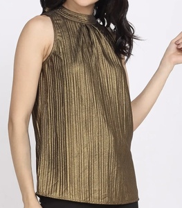 Haut plissé de haute qualité pour femme, col montant, sans manches, en polyester brillant, chemisier plissé, tenue de soirée, coupe ample, nouveau haut tendance - Product Image 6