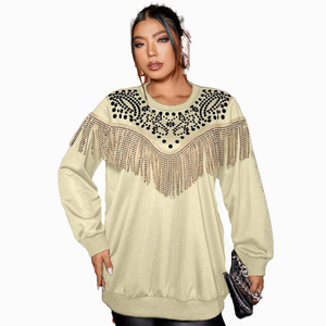 Beige <b>Fringe</b> Oversized Winter Women's 100% Cotton Long Sleeve Rhinestone Yoke Pullover Western Style Beaded Streetwear Fashion - Product Image 1