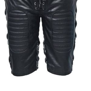 Men <b>Black</b> Real Genuine Leather Shorts Lace Up Front Ring Side Detail Padded Biker Shorts Wholesale <b>High</b> Quality Custom <b>Pants</b> - Product Image 2