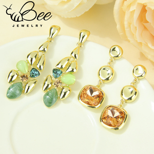 Vintage Retro French Style Big <b>Crystal</b> <b>Stud</b> <b>Earrings</b> 14k Colored Elegant Copper Long Drop <b>Earring</b> For Evening Party - Product Image 4