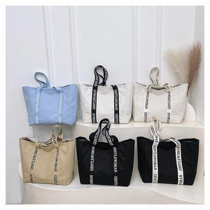 High Capacity <b>Canvas</b> <b>Tote</b> Bag with Contrast Lettering Straps Durable Cotton Handbag for Daily Travel and Shopping - Product Image 2
