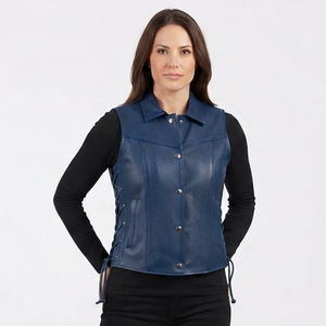 Chaleco de Invierno Reversible para Mujer, de Cuero Vacuno Genuino, con Cuello Camisero, Botones y Bolsillos, Sin Mangas - Product Image 1