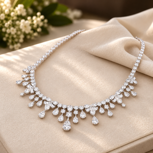 Women's 925 Sterling Silver <b>Statement</b> <b>Necklace</b> Pear and Round Brilliant Cut Moissanite Wedding Anniversary Party - Product Image 1